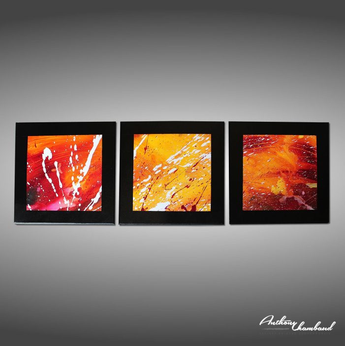 Triptyque moderne rouge, jaune et violet